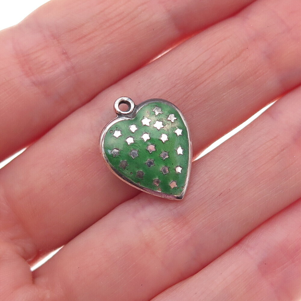925 Sterling Silver Antique Art Deco Enamel Star Heart Chatelaine Charm Pendant